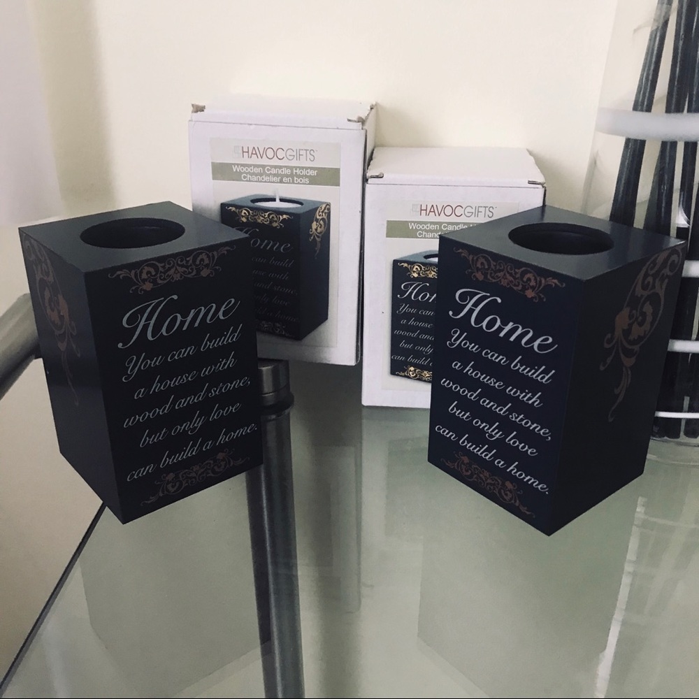 HAVOC NEW Gifts set of 2 WOODEN CANDLE Stick HOLDERS Home Box Black Gold